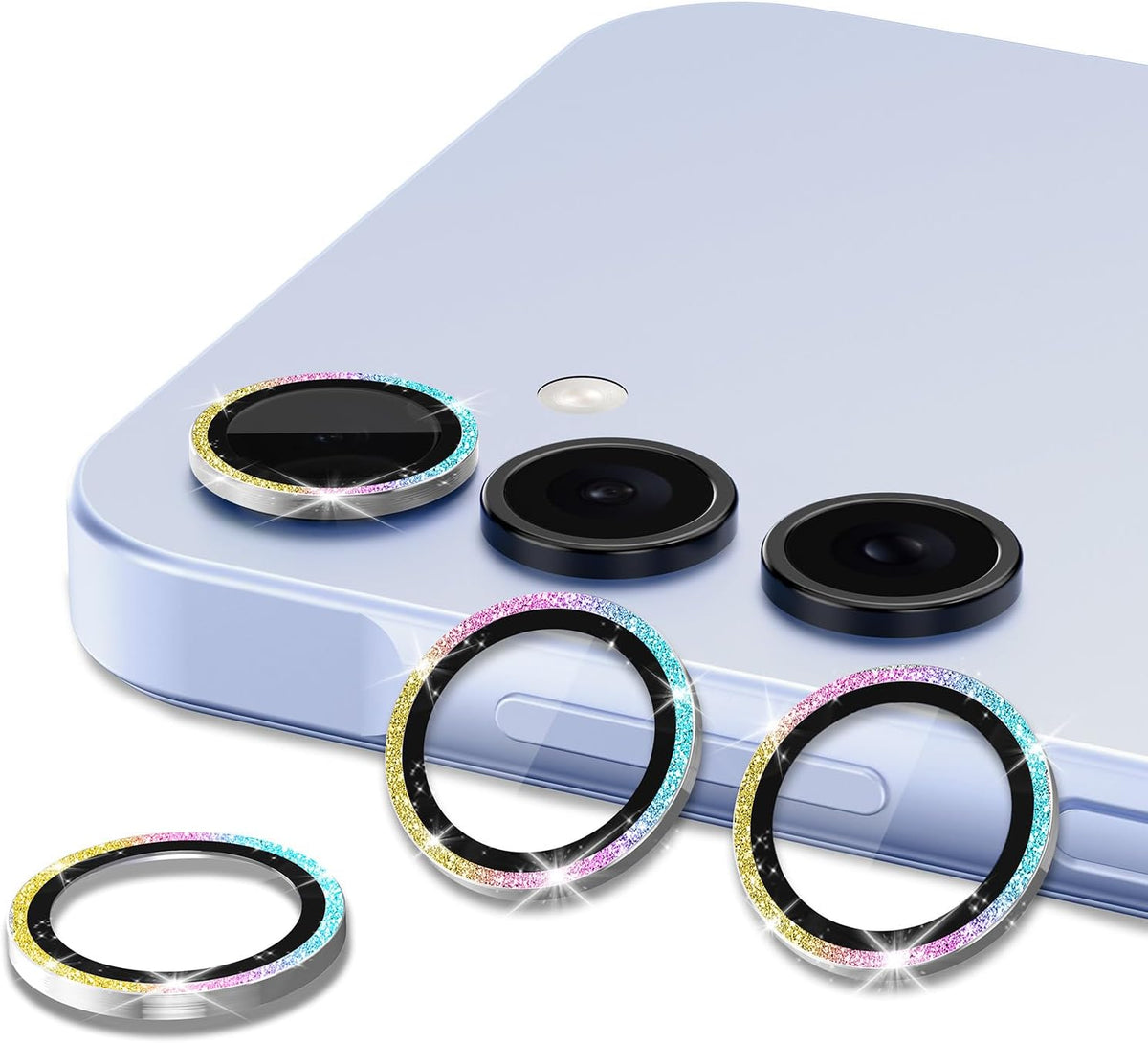 for Samsung Galaxy A16 Camera Lens Protector, Individual Metal Ring Tempered Glass Lens Cover, [Strong Adsorption] Scratch Resistant Ultra-Thin HD Clear Lens Cover, 1 Set-Colorful Sparkly