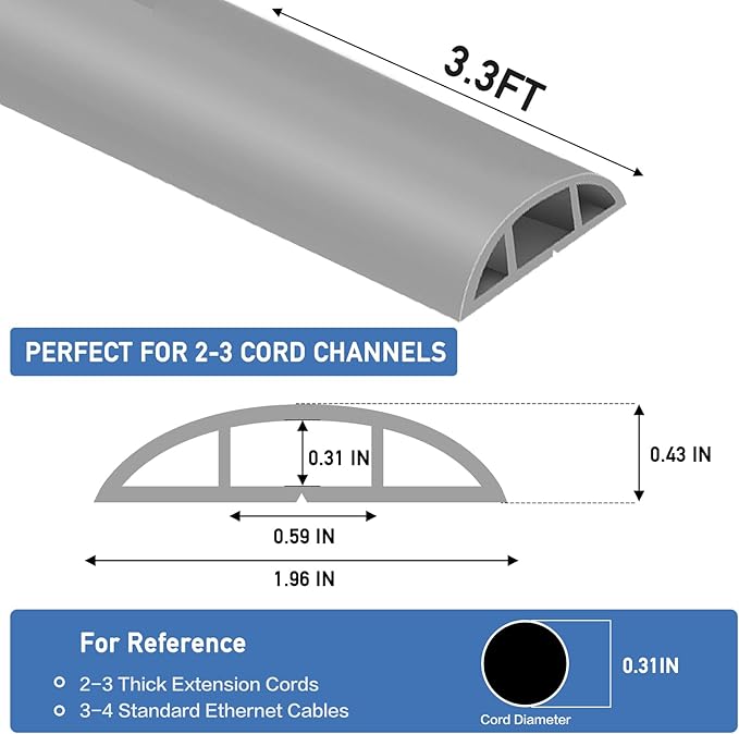 Floor Cord Cover Self Adhesive Cord Hider Floor Extension Cord Covers for Floor Power Cord Protector Cable Management Prevent Cable Trips Cable Cavity 0.59" W x 0.31" H (Grey, 3.3Ft)