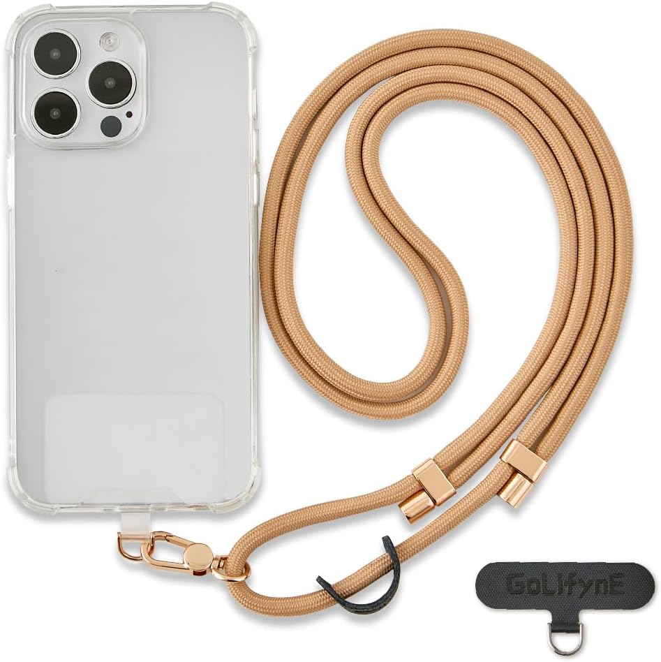 Universal Phone Lanyard, Anti-Theft Crossbody Strap for iPhone 15 Pro Max and Most Smartphones, Adjustable Cell Phone Neck Holder w/ 2 Non-Adhesive Tether Tabs for Men and Women, Apricot/Gold