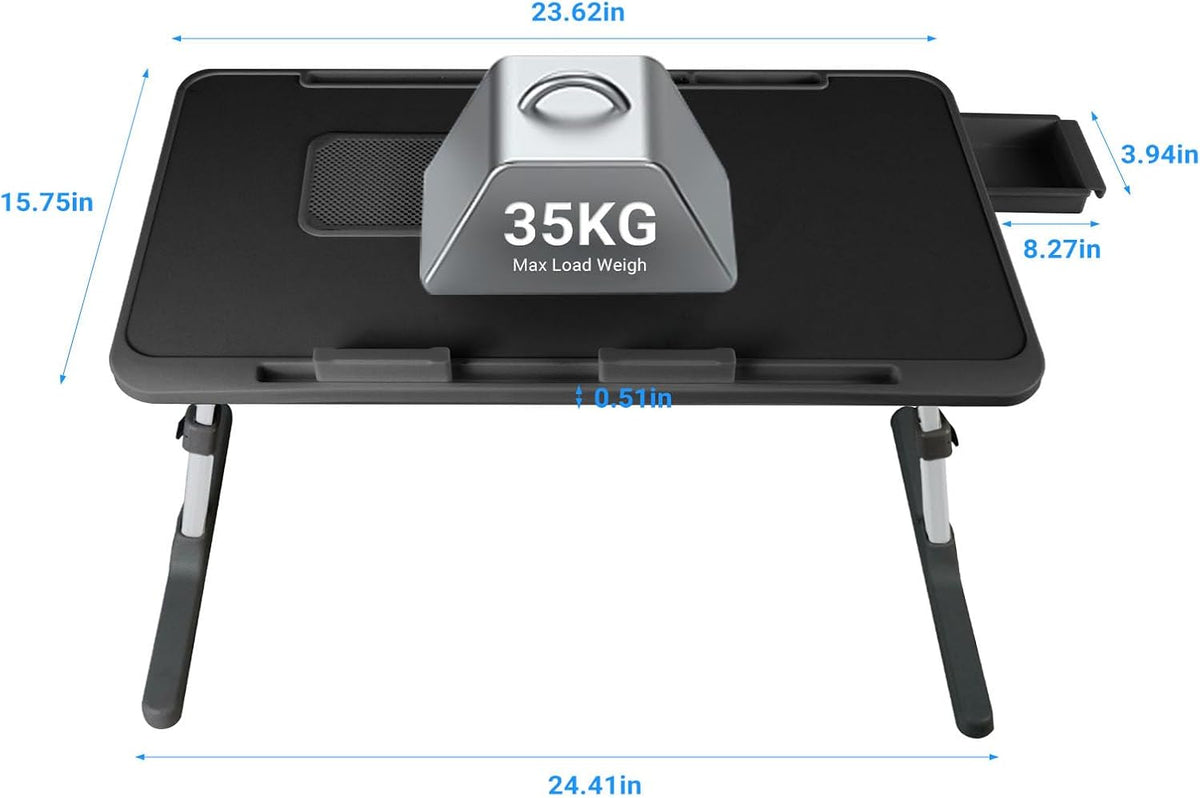 Laptop Lap Desk with Cooling Fan - Adjustable with Light, USB, Storage Drawer - Folding Bed Desk,23.62"*15.74",Black