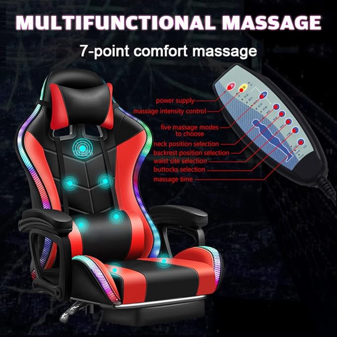 RGB Video Gaming Chairs with Speakers Ergonomic Pro Gaming Chair with Full Massage Lumbar Support and Retractible Footrest Adjustable Backrest Computer Chair High Back Recliner ChairPink