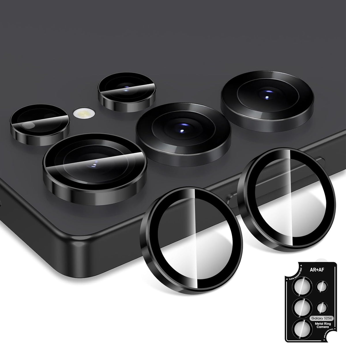 for Samsung Galaxy S25 Ultra Camera Lens Protector, Individual Metal Ring Tempered Glass Lens Cover, [Strong Adsorption] Scratch Resistant Ultra-Thin HD Clear Lens Cover, 1 Set-Black Ring