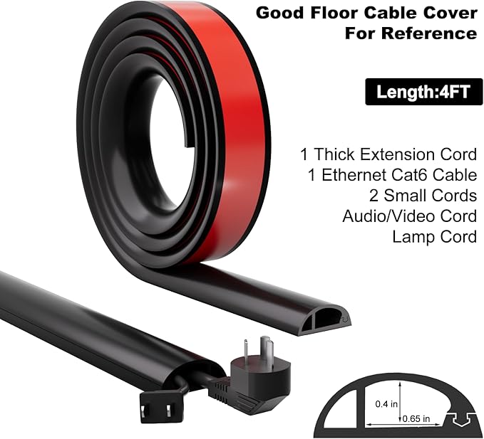 Kneelisa 4FT Side-Open Extension Cord Covers for Wires on Floor,Silicone Power Cable Protector Cord Hider Management Strip,Hide Electric Wire on Carpet,Chord Runner Protective Safety,Black