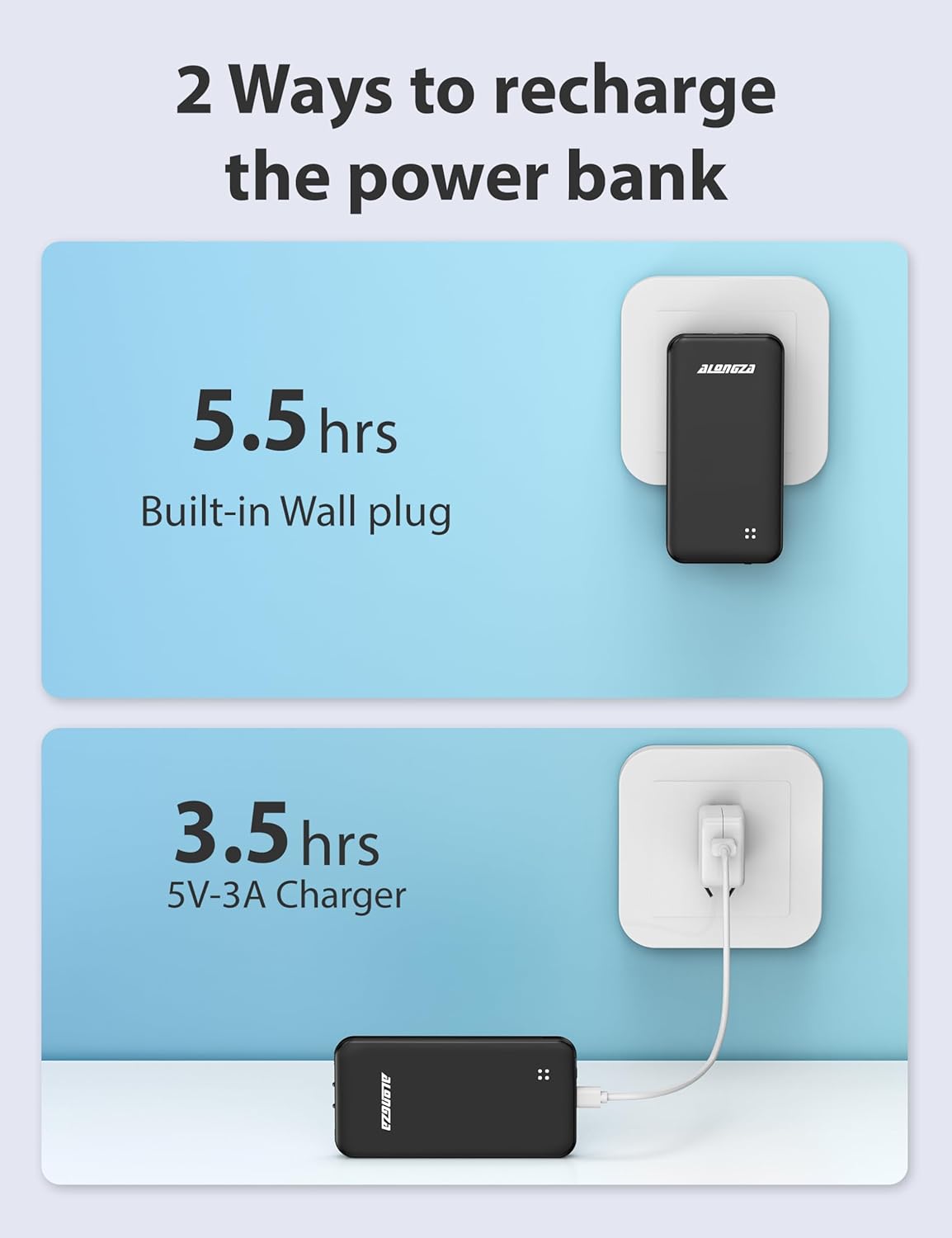 Alongza Portable Charger Built-in Cables and AC Wall Plug, Slim Fast Charging Power Bank 10000mAh, Lightweight USB C External Battery Pack Compact Travel Cell Phone Charger, 2 Pack Black & White
