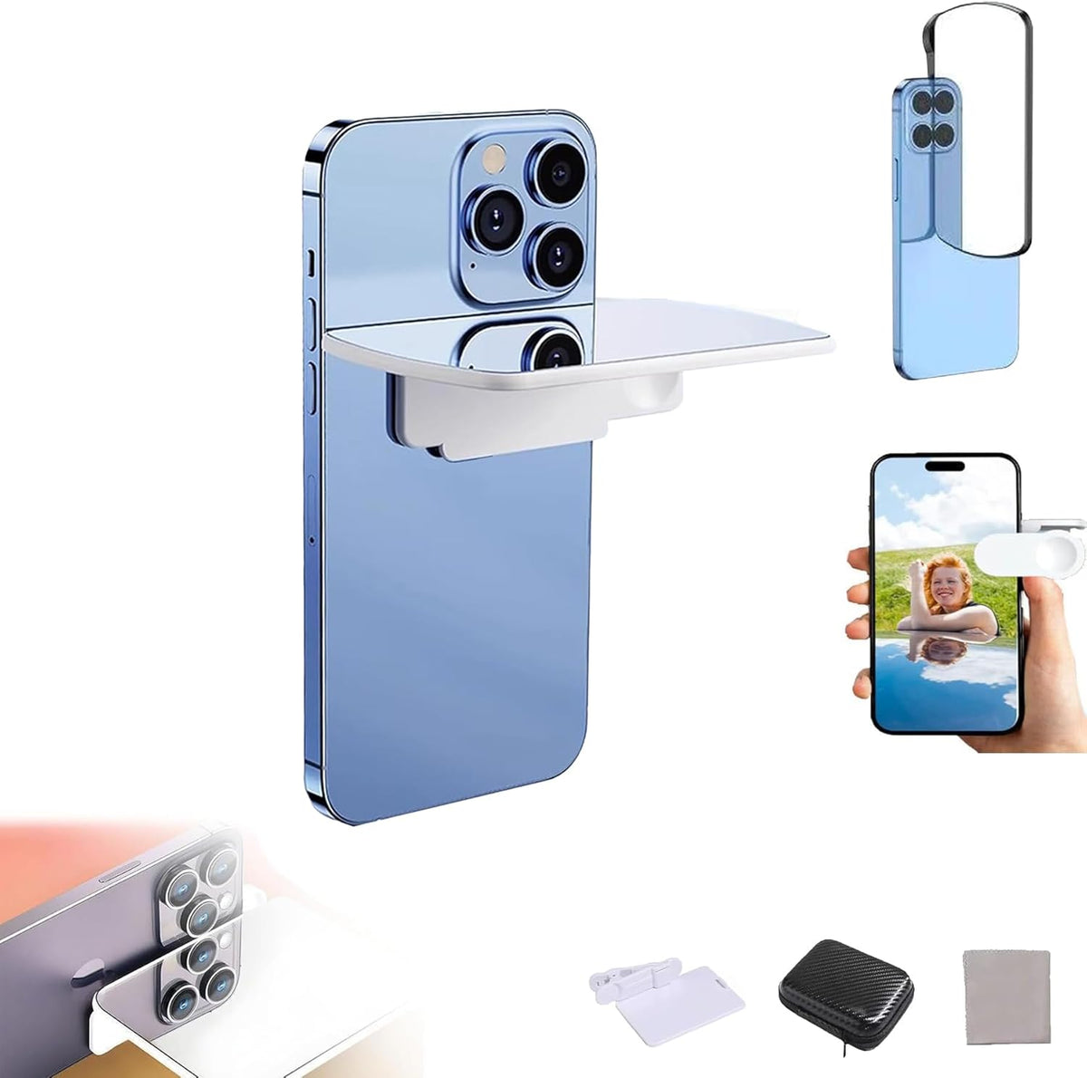 Smartphone Camera Mirror Reflection Clip Kit, Adjustable HD Glass Mirror Effect Lens for Creative Photography, Vertical & Horizontal Phone Selfie Reflector, Portable Photography Accessory (1PCS-White)