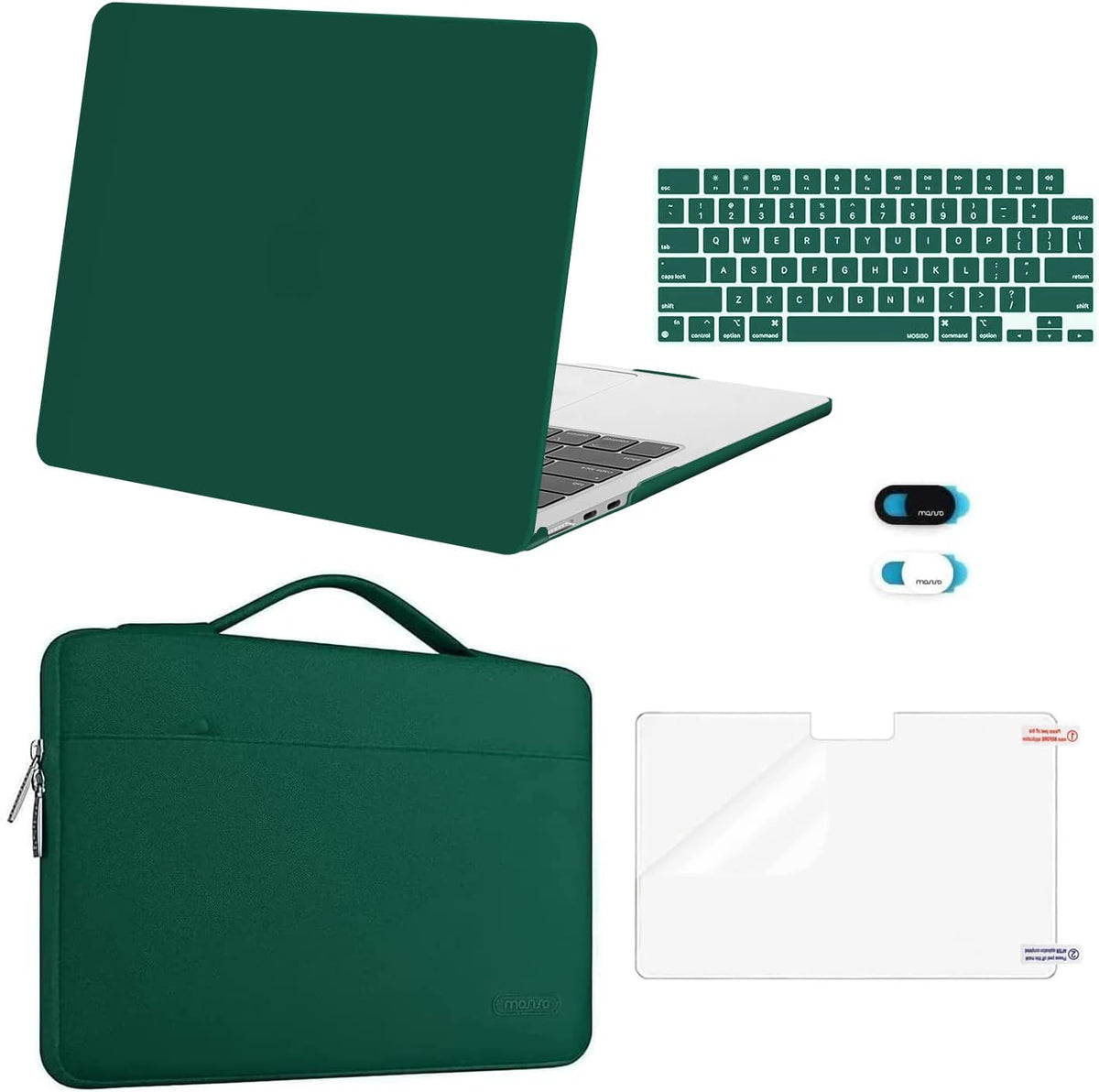 MOSISO Compatible with MacBook Air 13 inch Case 2025 2024 2023 2022 M4 A3240 M3 A3113 M2 A2681, Hard Shell&Sleeve Bag&Keyboard Skin&Webcam Cover&Screen Film for MacBook Air 13.6 inch, Peacock Green