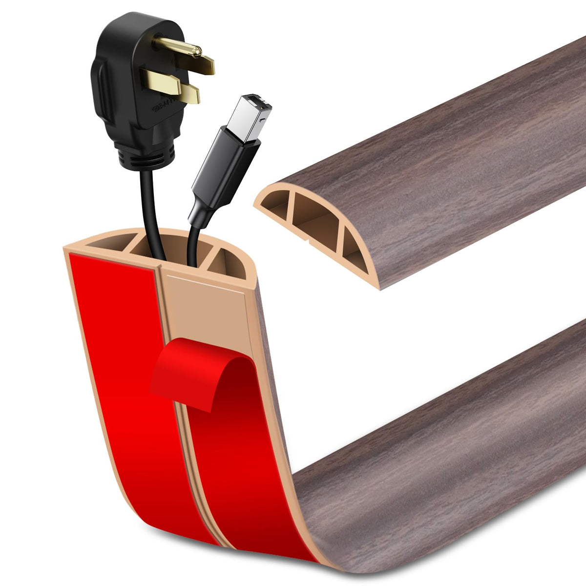 Floor Cord Cover Self Adhesive Cord Hider Floor Extension Cord Covers for Floor Power Cord Protector Cable Management Prevent Cable Trips Cable Cavity 0.47" W x 0.27" H (Brown Walnut Wood, 10Ft)