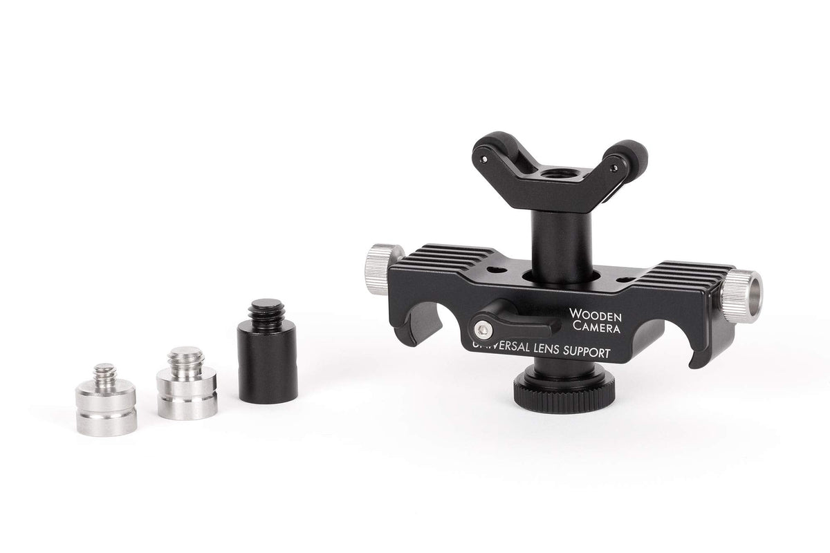Wooden Camera Universal Lens Support 15mm Lightweight (LW) for Heavy Lenses, with Rolling Y-Bracket and Height Extension Posts