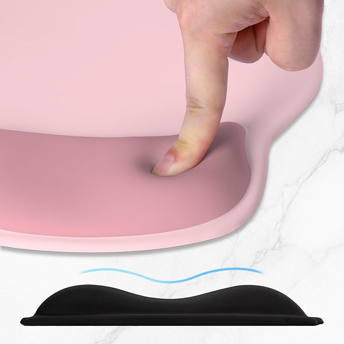ITNRSIIET Ergonomic Mouse Pad with Wider Memory Foam Wrist Rest +17% - Curved Cushion Reduces Pressure 20%, Pain Relief, Non-Slip, Smooth, Cute Colors, 9.85 x 9 in, Pink Accent