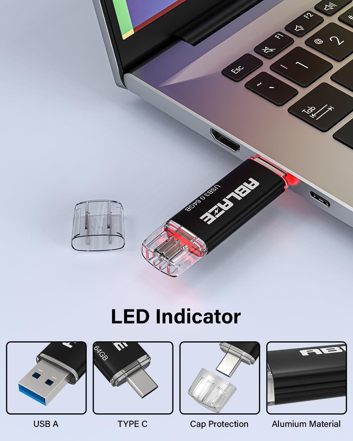 ABLAZE USB C Flash Drive 64GB 2 Pack, Dual USB 3.0+Type C Flash Drive Compatible with iPhone 16/15, Android Smartphone, Computer,Tablet Mac Laptop (2 Pack)