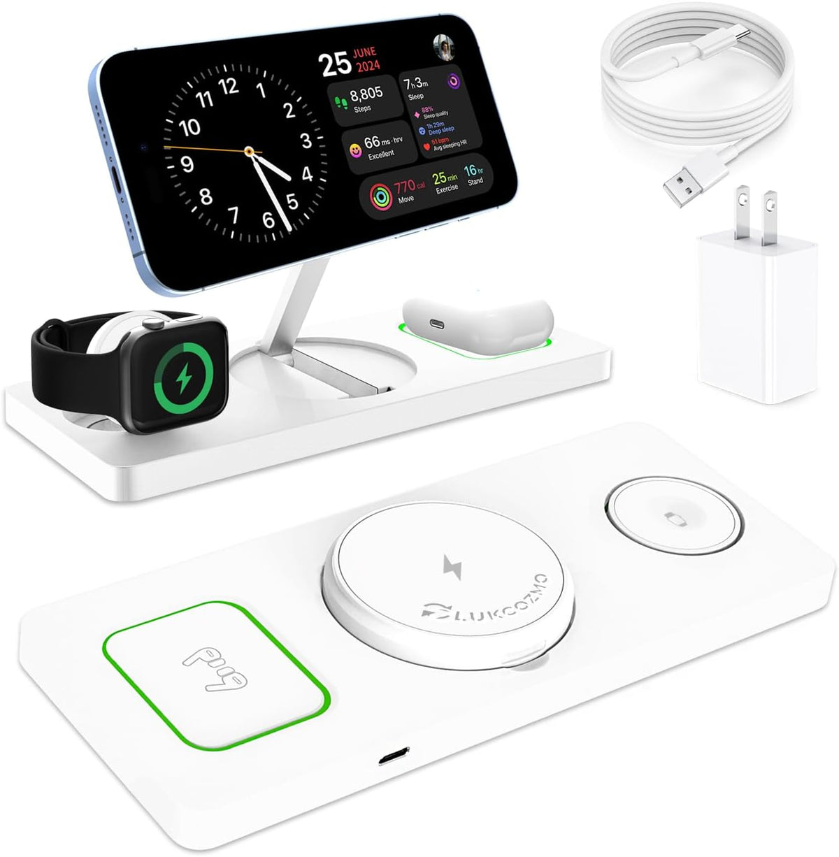 Wireless Charger Station 3 in 1, Fast Charging for iPhone 15/14/13/12 Pro/Max/Mini/Plus, Apple Watch 8/7/6/SE/5/4/3/2, AirPods 3/2/Pro/Pro 2, with Adapter (White)