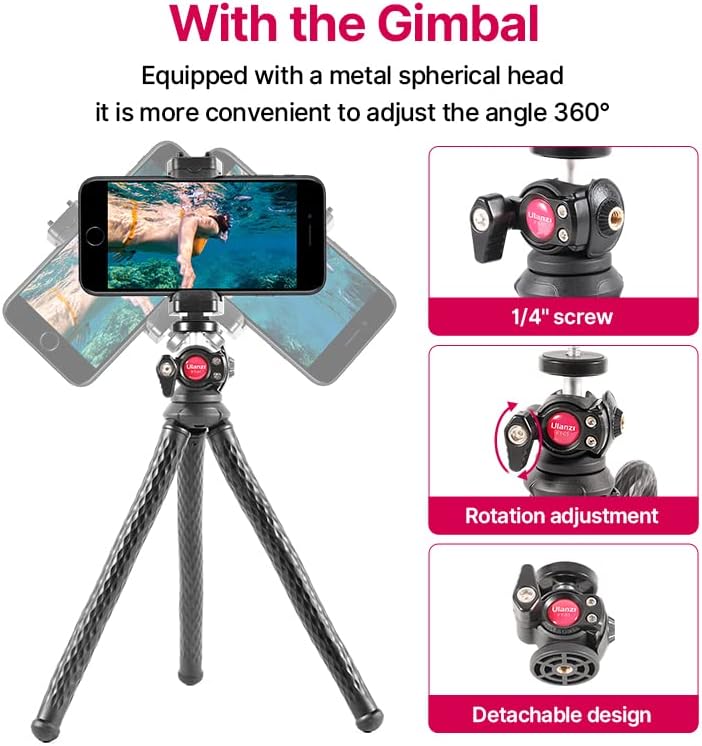ULANZI FT-01 Phone Tripod with Holder, Mini Camera Flexible Tripod Stand with Cold Shoe Mount, 1/4'' Screw for Magic Arm, Universal for iPhone 16 15 Pro Max XS Max X 8 Samsung Canon Nikon Sony Cameras