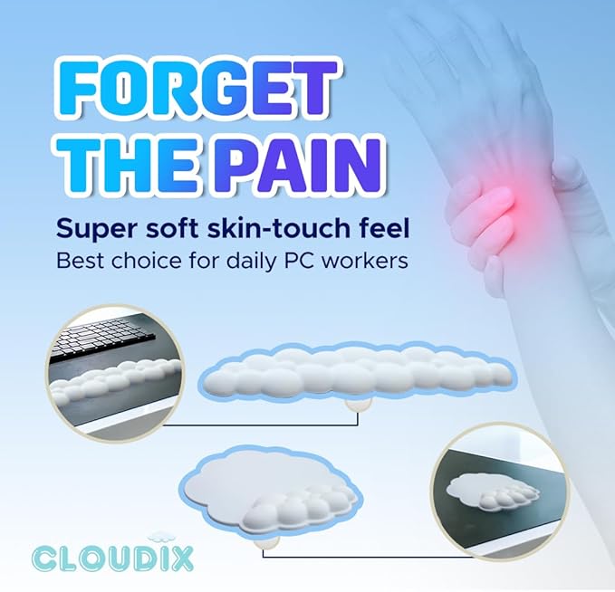 CLOUDIX - Cloud Keyboard Wrist Rest. Set Mouse Pad Phone Holder Tablet Holder Ergonomic Cloud Wrist Pad with Memory Foam Non-Slip Base for Typing Pain Relief Home Office Laptop Gaming (Pink)