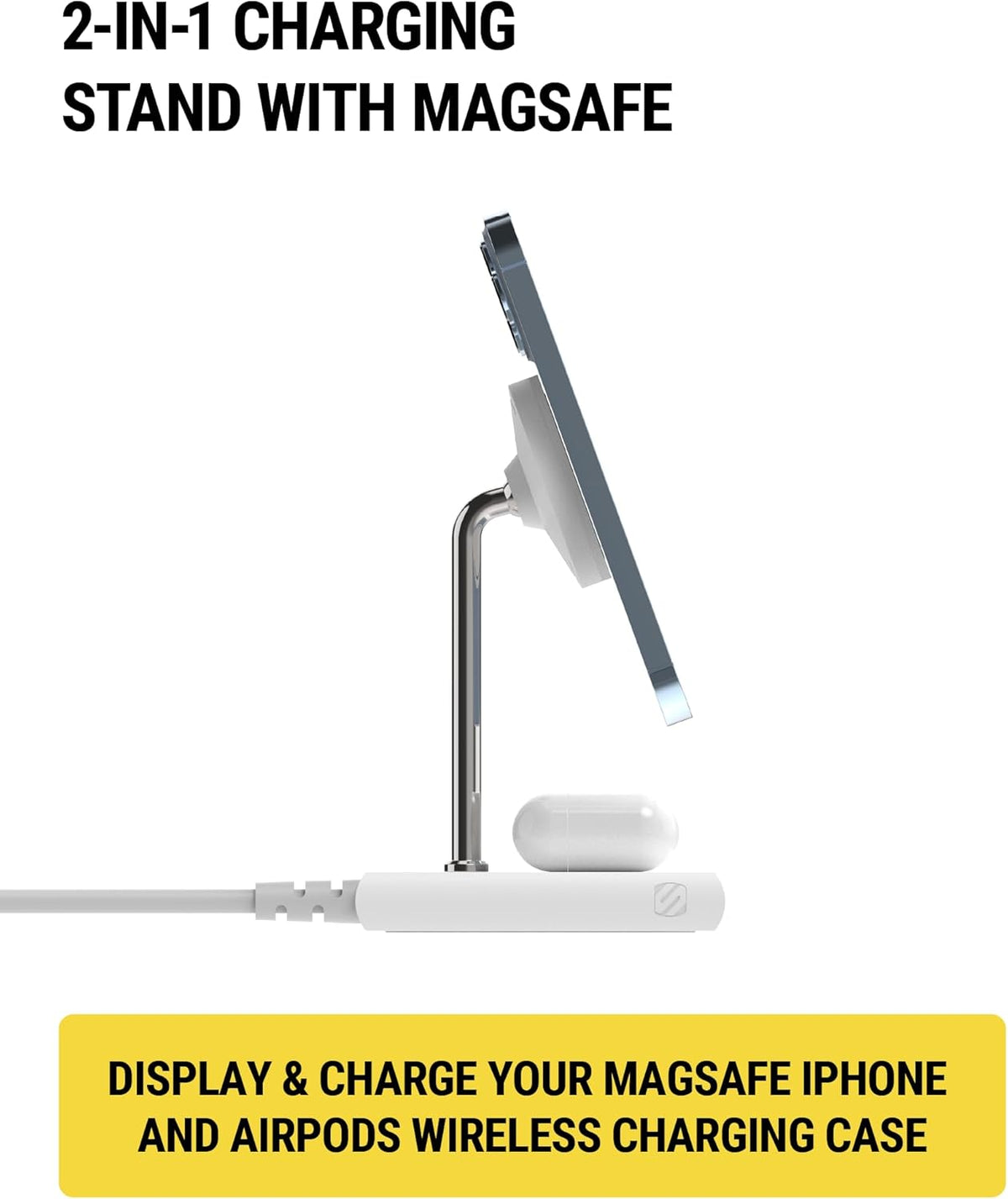 Scosche BL2MSiQWT-AP BaseLynx™ 2.0 2-in-1 Modular Charging Station with MagSafe, 15W Fast Wireless Charging Phone Stand Compatible w/Apple iPhone 15/14/13/12 Series, 5W Charger Pad for AirPods, White