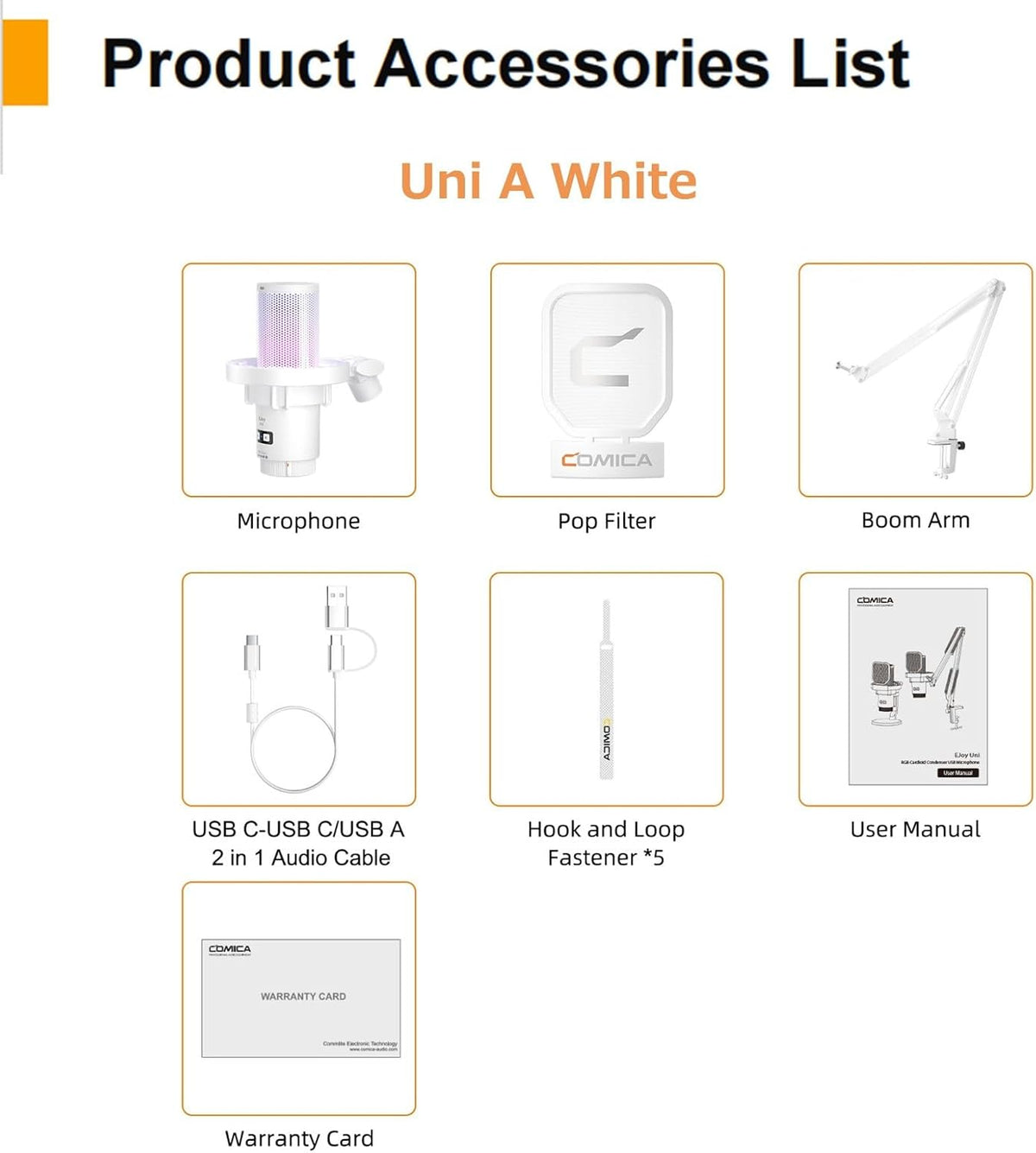 COMICA EJoy Uni A USB Microphone for Computer and Smartphone,RGB Cardioid Condenser Gaming Mic for Podcasting,Streaming,Recording,Music Creation,with Boom Arm Stand-White