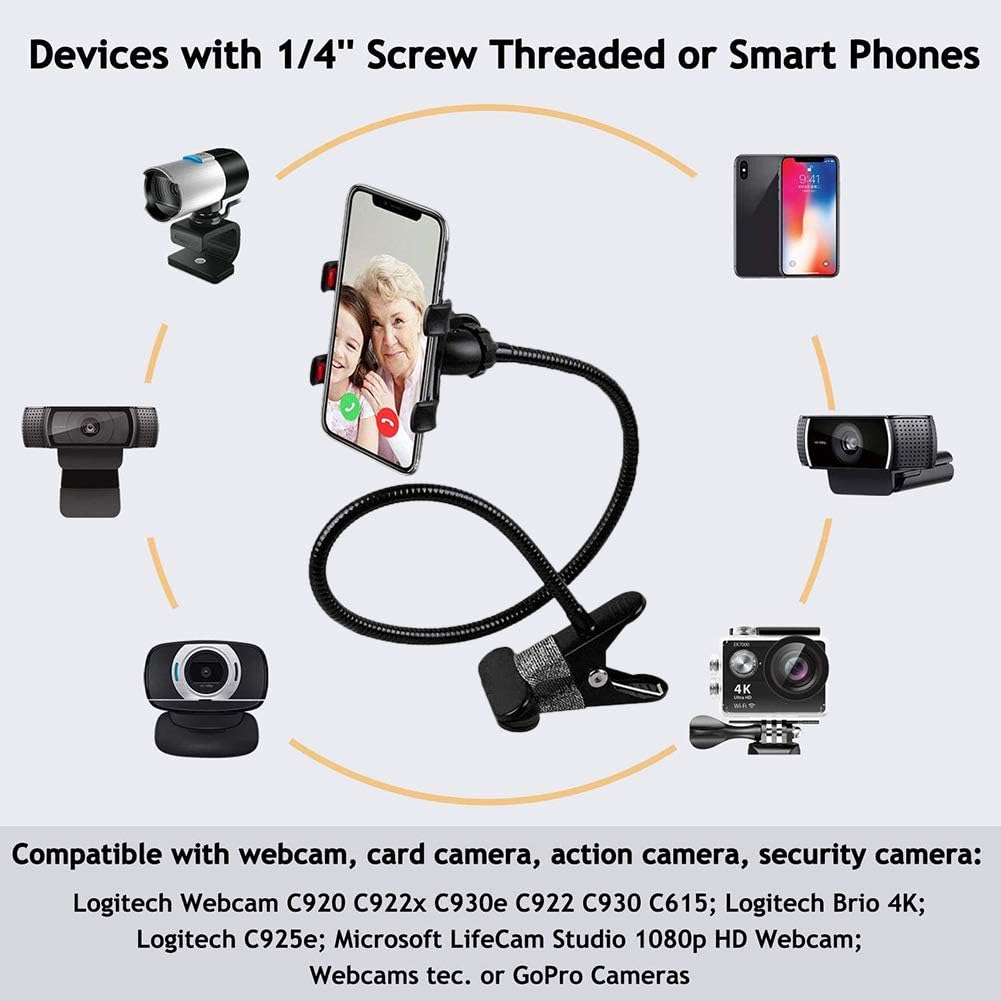 GOTOTOP 1/4 Inch 360 Cell Phone Stand Webcam Stand Phone Holder with Universal Screws Flexible Arm Desk Bed Gooseneck