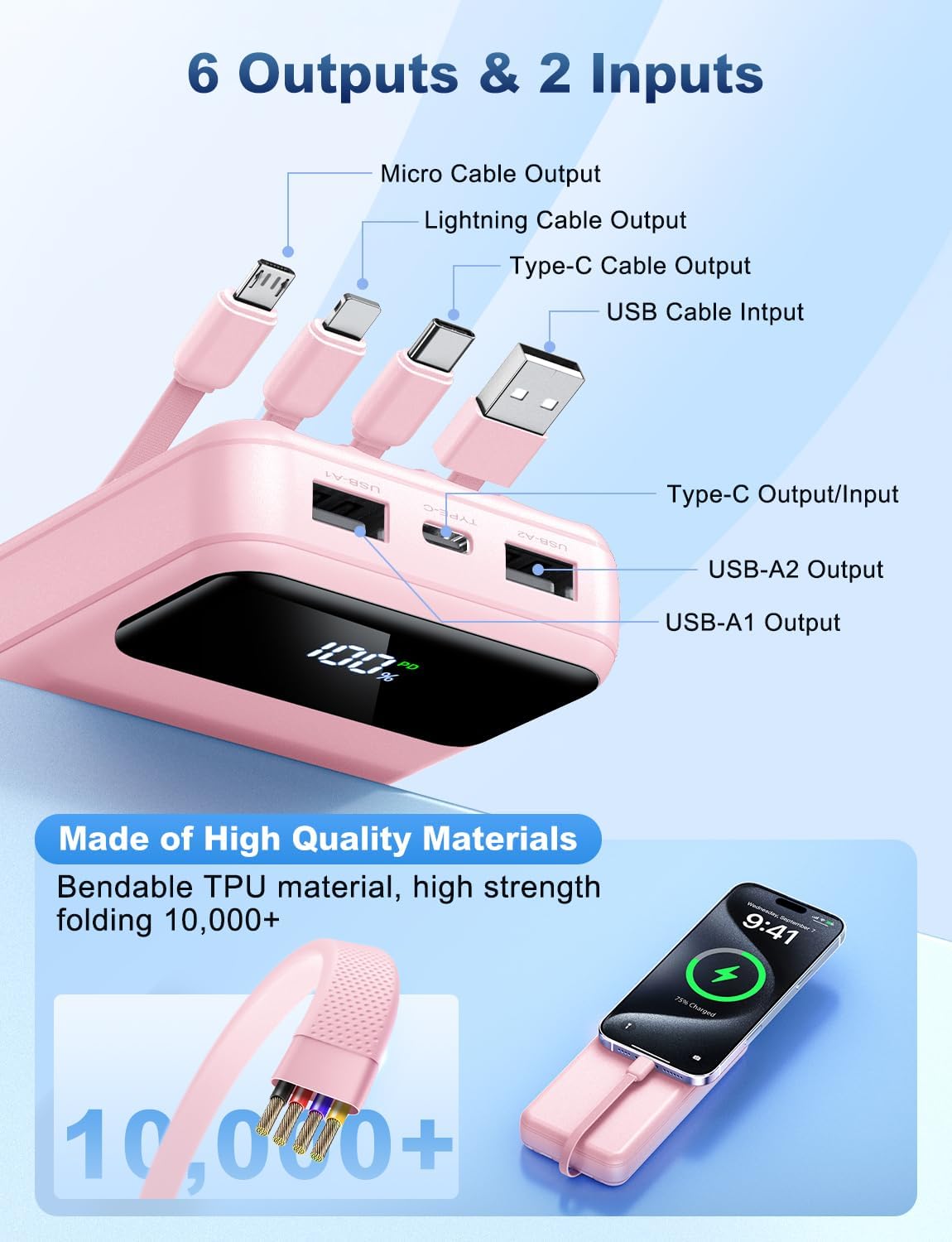 Portable Charger Power Bank 50000mAh Battery Pack, 22.5W Fast Charging PowerBank with Built in Cables,Travel Essential USB-C Portable Phone Charger for iPhone Samsung Pixel Android iPad-Pink