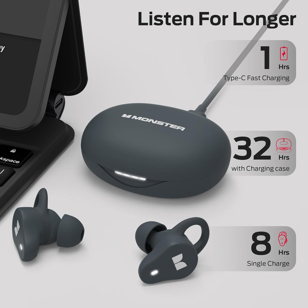 Monster N-Lite 210 Wireless Earbuds, Bluetooth 5.4 in-Ear Stereo Headphones, Built-in Mic for Crystal Clear Call, 32H Playtime, Type-C Charging, Waterproof in-Ear Ear Buds Earphones for Sports, Grey