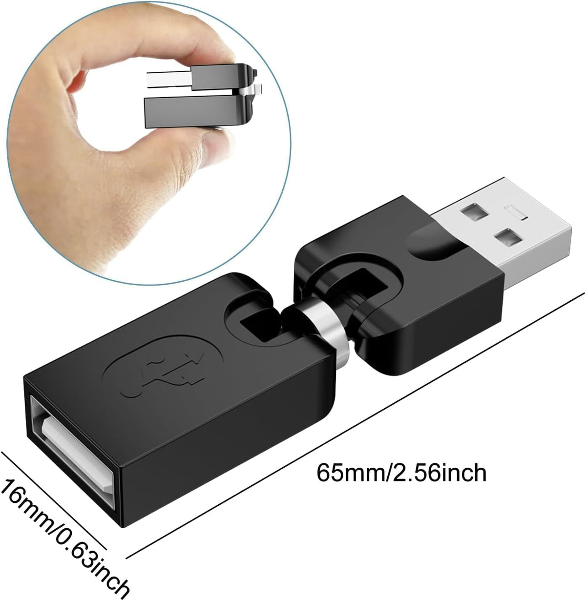 PANPEO 2 Pack USB 90 Degree Adapter, Rotating and Swivel Twist USB 2.0 Type A Male to Type A Female 360 Degre Rotation Adjustable Right Angle Extension Adapter Convertor (Black, AM-FM)