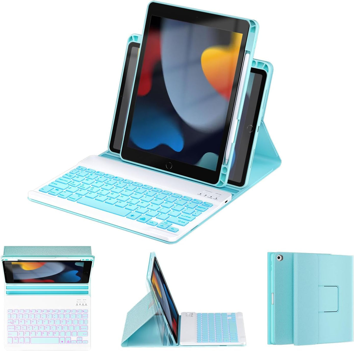 OYEEICE for iPad 9th Generation Case with Keyboard - Detachable Backlit Keyboard - Rotatable Cover with Pencil Holder for iPad 9th/8th/7th Gen, iPad Air 3rd Gen & iPad Pro 10.5" - Blue