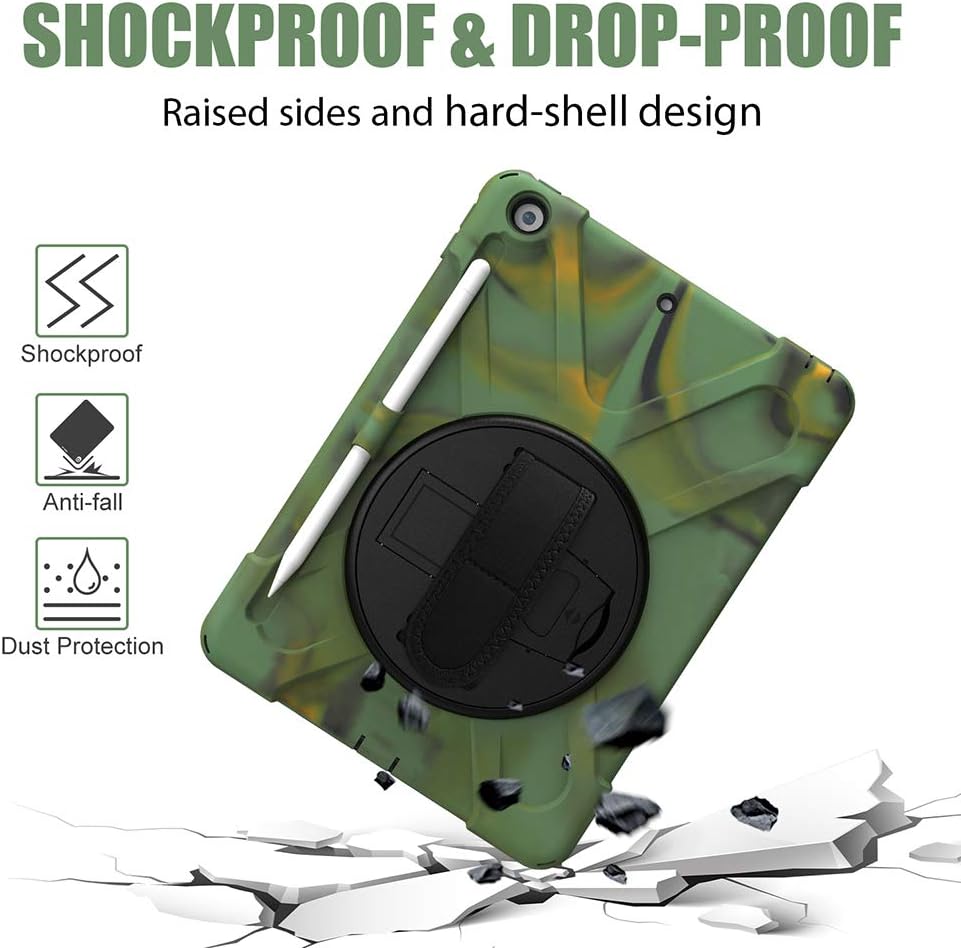 ZenRich Shockproof Case for iPad 9th/8th/7th Generation 10.2 inch 2021/2020/2019, Heavy Duty Rugged Case with Pencil Holder/360° Rotating Kickstand/Handle/Carrying Strap, Camouflage