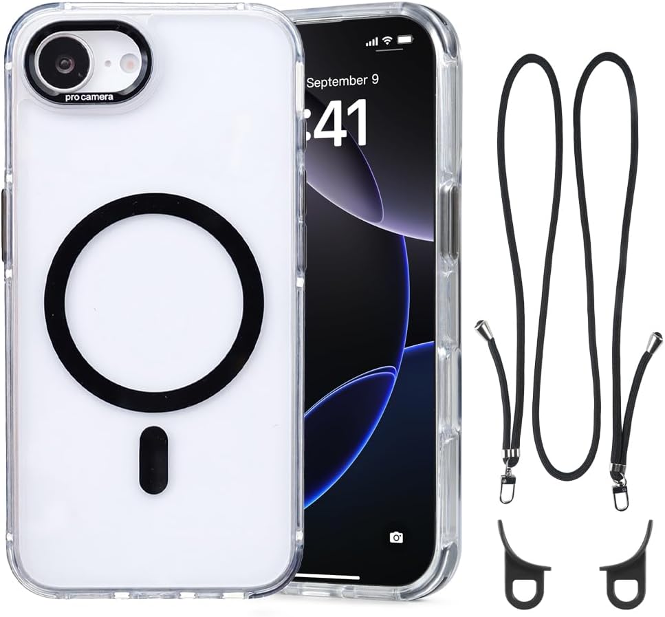 for iPhone 16e Case with Adjustable Phone Lanyard Strap, Compatible with MagSafe, Shockproof Military-Grade Protection, Magnetic Phone Case, Classic Clear Black Hybrid Case, Yellowing Resistant
