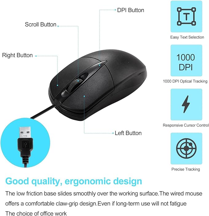 40 PCS Black Wired Computer Mouse Bulk USB 1000 DPI 3 Button Corded Mouse with Home Office Noiseless Simple USB Mouse for Computer Laptop Desktop PC