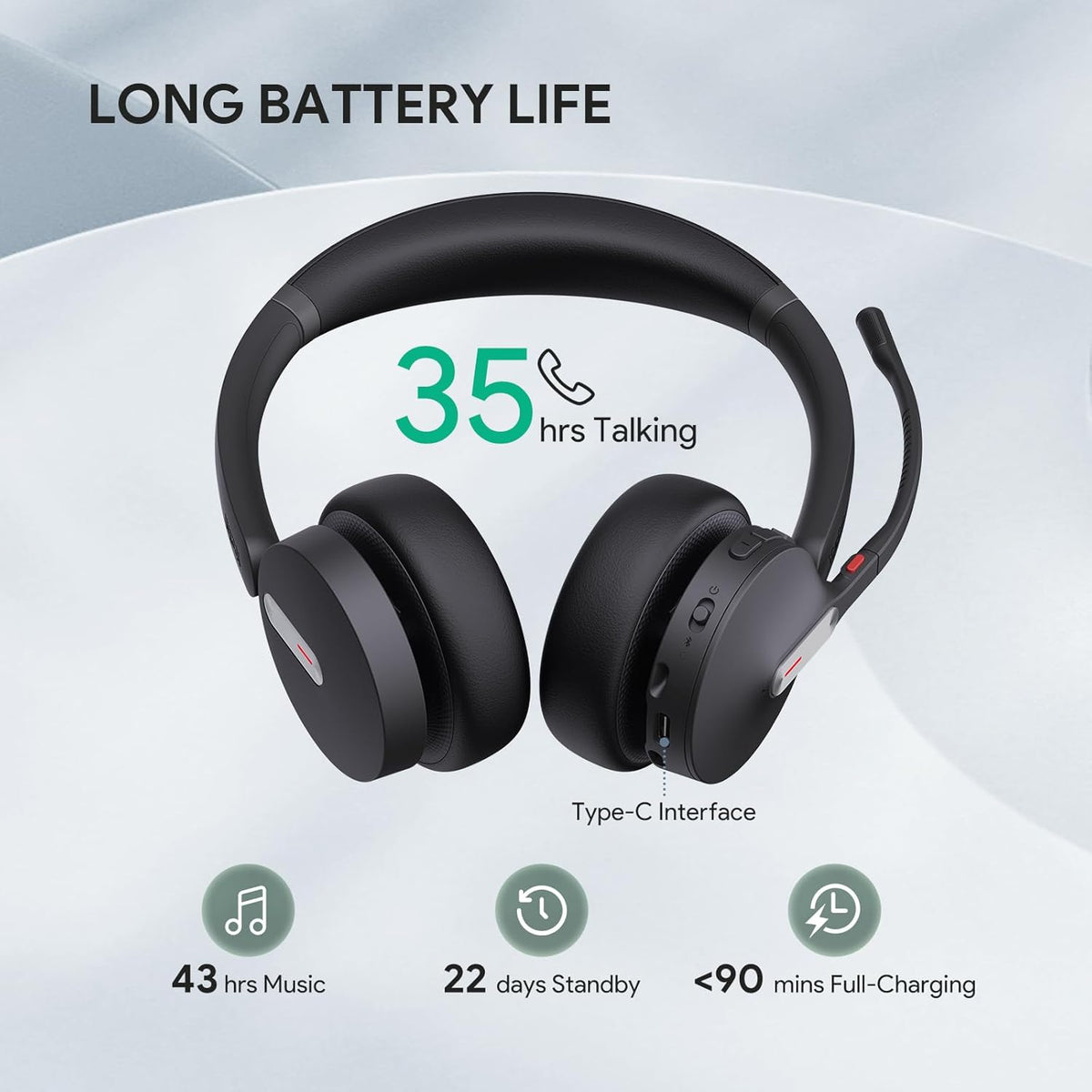 Yealink BH70 Wireless Bluetooth Headset with Microphone for Work, up to 35h Talking Battery Life, 3-Mic Noise Cancellation, 147g Lightweight Microsoft Teams Certified Headphone for Open Office, USB-A