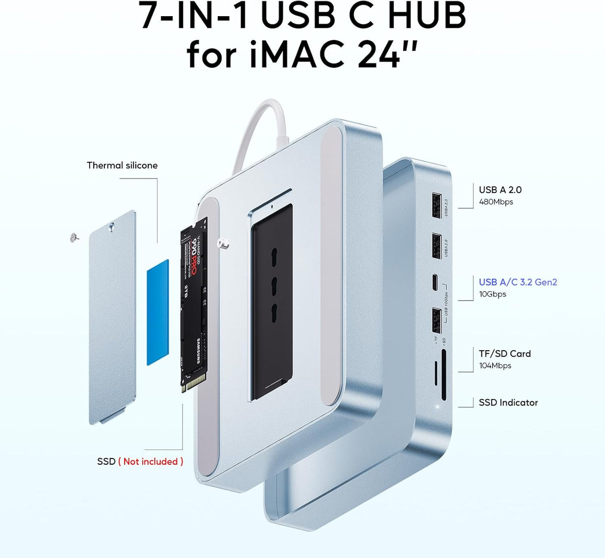 USB C HUB for iMac 24 inch 2021/2023/2024, PULWTOP USB Hub Adapter iMac Accessories for iMac M1/M3/M4 with USB C 10Gbps 3*USB A SD/TF, Docking Station Support Expand M.2 SSD (Not Included),Blue