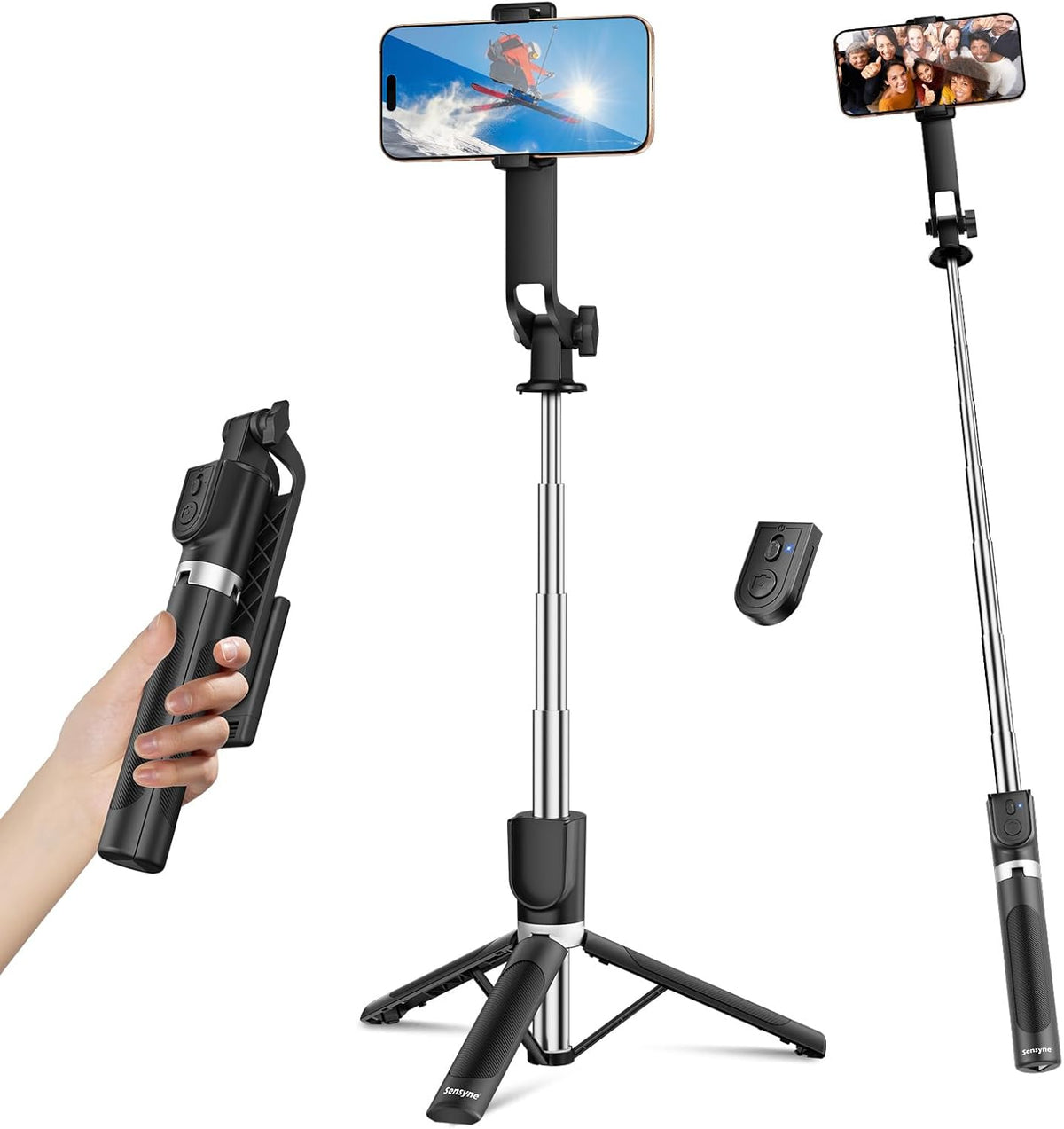 Sensyne Selfie Stick for Phone, Extendable Travel Tripod with Detachable Remote for Photography, Selfies, Compatible with All Cell Phones, Black