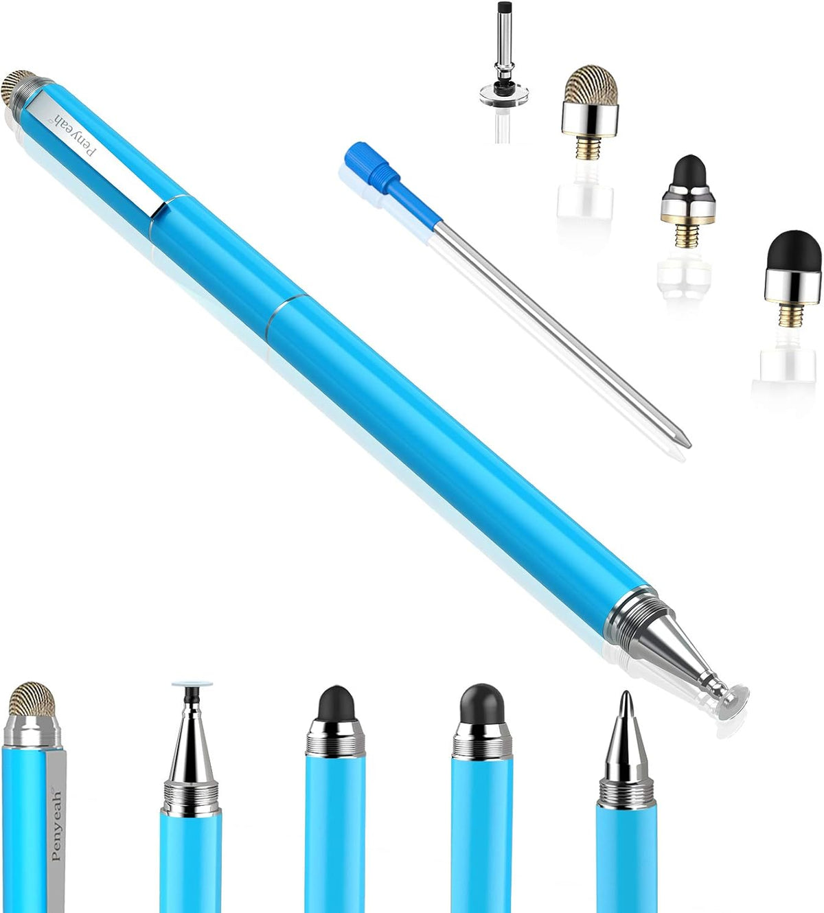 Penyeah Stylus, 4-in-1 Stylus Pen for Touch Screen, High Precision and Sensitivity Disc,Mesh,2 Sized Rubber Tips, Universal for iPhone/iPad/Android/Samsung/HP Tablets All Capacitive Touch Screens-Blue