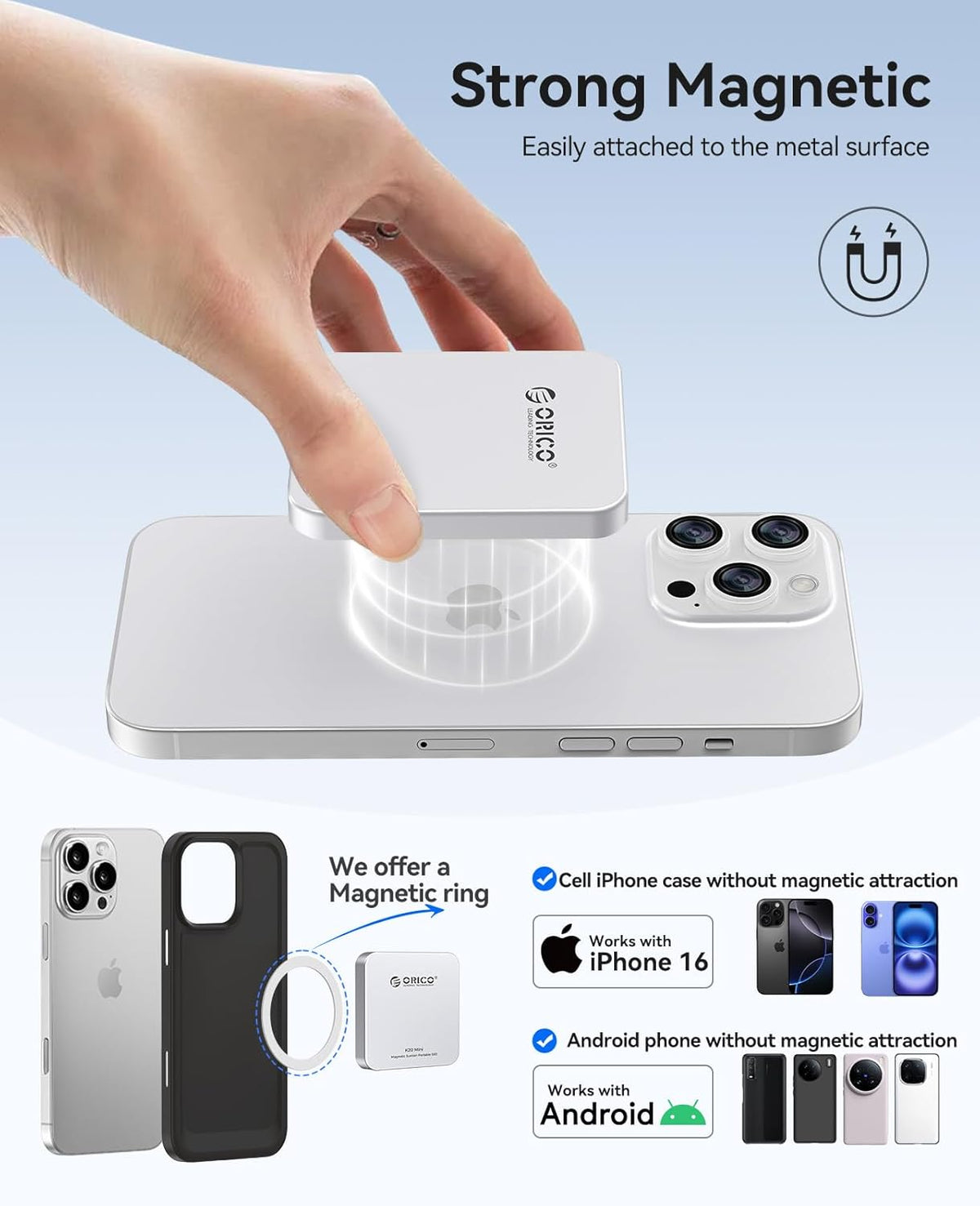 ORICO 2TB Magnetic External SSD, Aluminum Alloy, Up to 2000MB/s, 4K 120Hz ProRes HDR Record and Store, External Solid State Drive, Compatible with iPhone 16 Pro Max, Tablet, Computer - K20MINI