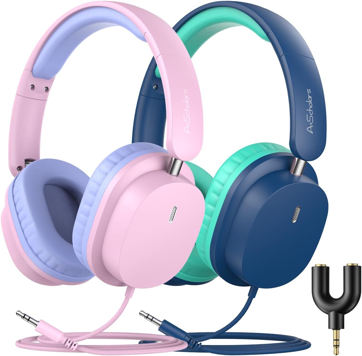 A+ Scholars 2 Pack 3.5mm Kids Headphones with Sharing Splitter, Stereo Sound Over-Ear Wired Headphones for Kids