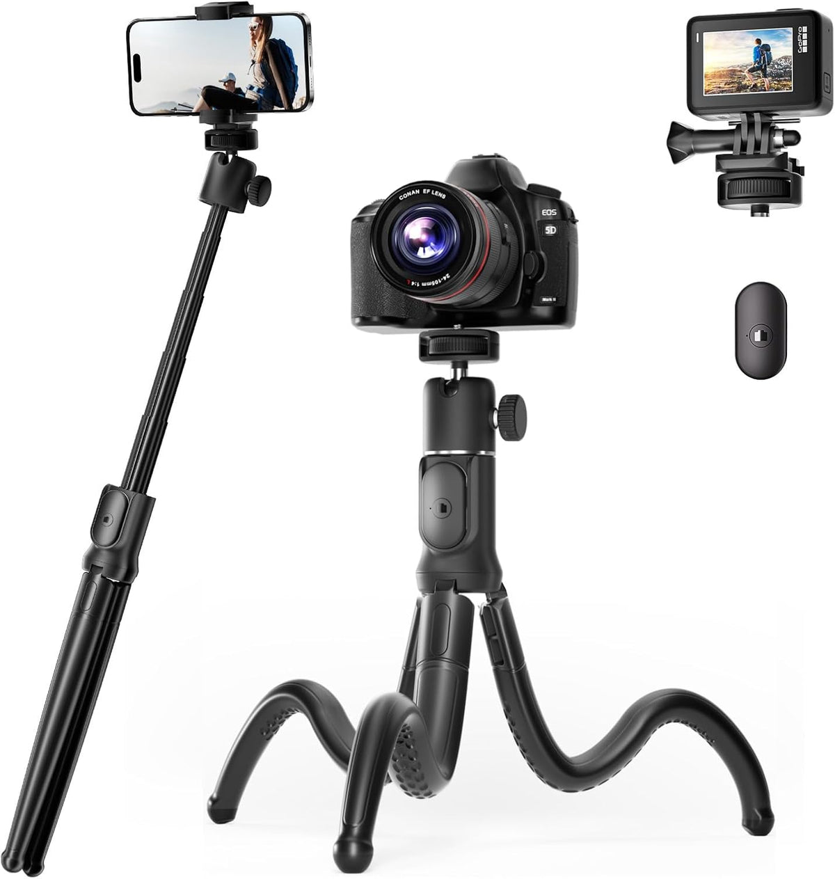 UBeesize Extendable Phone Tripod, Flexible Tripods with Remote, 3 in 1 Selfie Stick with Gopro Mount, iPhone Stand for Recording, Volgging, Live Streaming Fit for Cell Phones, Canon Sony Cameras