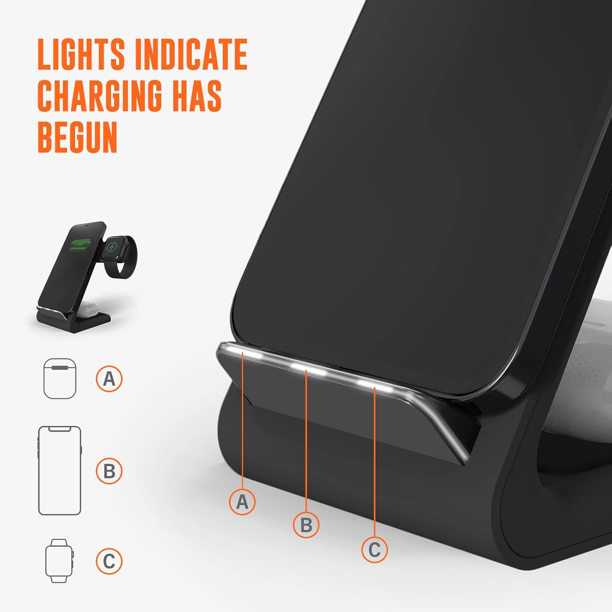 STM ChargeTree Swing 3-in-1 Wireless Charging Station for iPhone/Samsung/Android (15W/7.5W), AirPods (5W), Apple Watch (3W). Qi-Certified Stand- Black