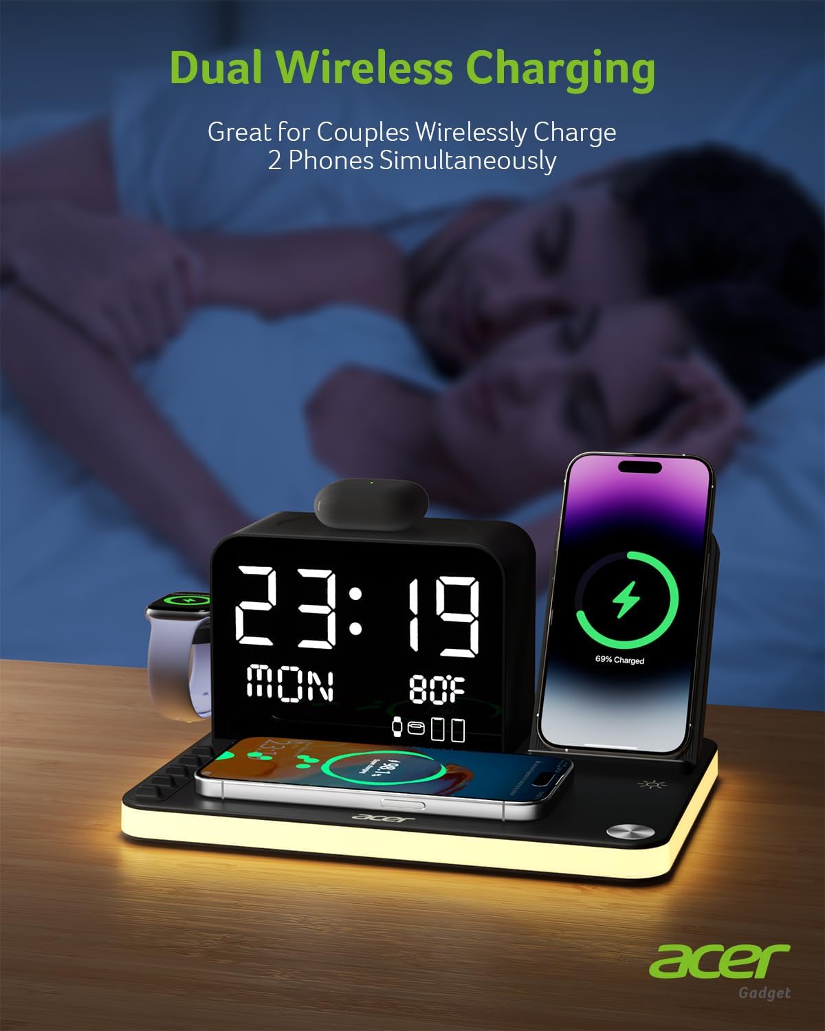 acer 7-in-1 Wireless Charging Station: Charger Stand for Multiple Devices for Apple - iPhone 16 15 14 13 12 Pro Max Apple Watch Airpods, Wireless Charger iPhone Charging Station with Bluetooth TimeSyn