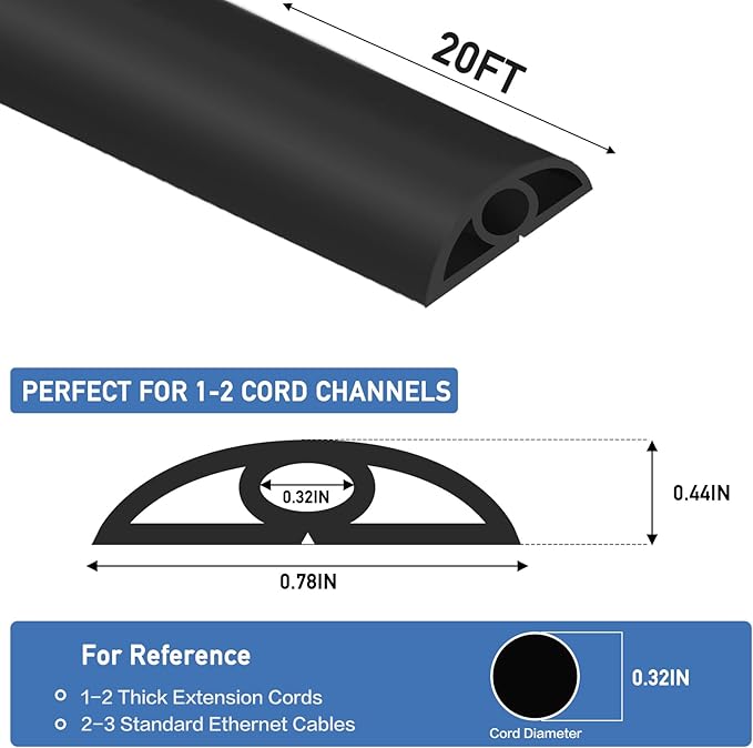 Floor Cord Cover Self Adhesive Cord Hider Floor Extension Cord Covers for Floor Power Cord Protector Cable Management Prevent Cable Trips Cable Cavity 0.32" W x 0.32" H (Black, 20Ft)