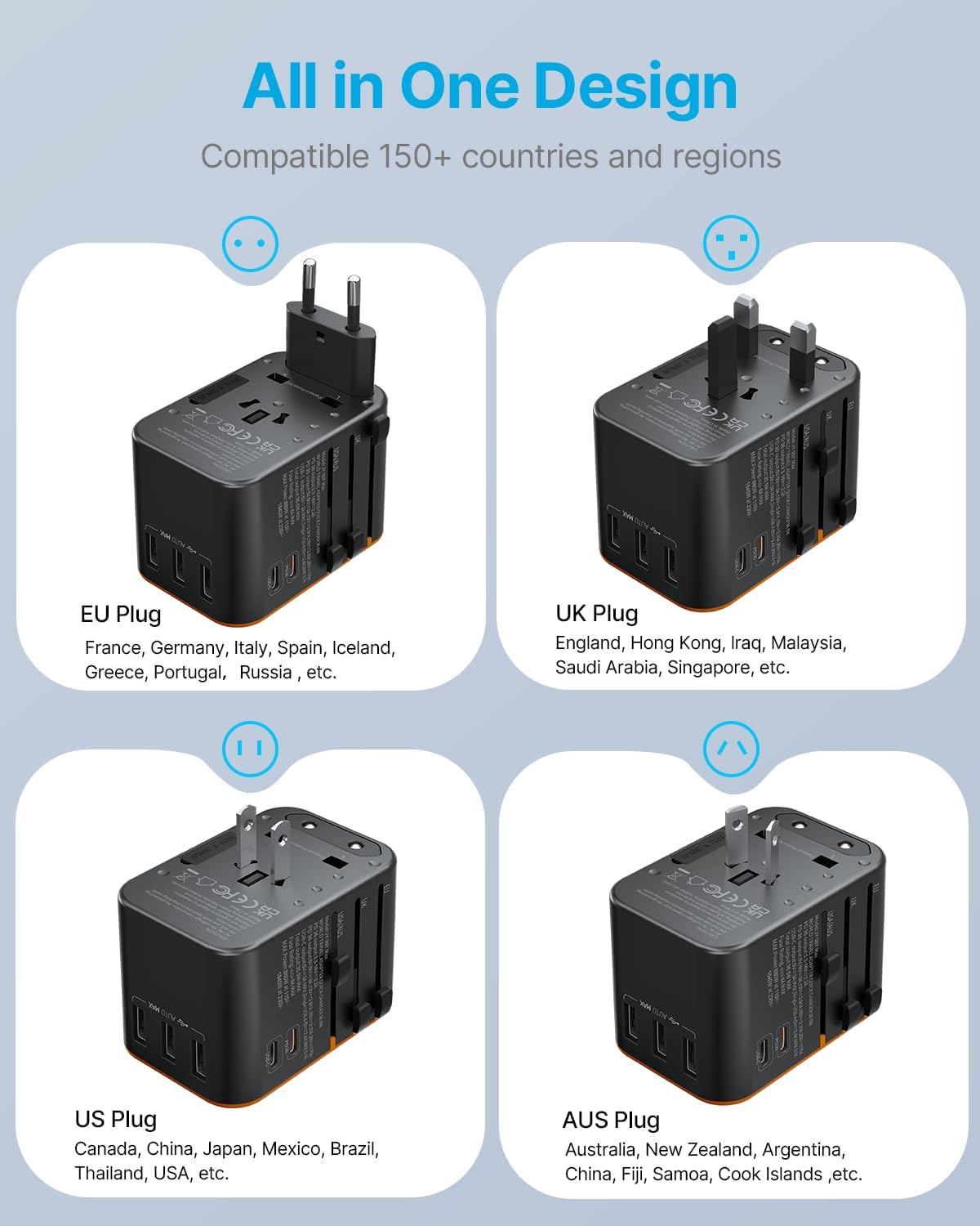 Universal Travel Adapter, VINTAR 35.5W International Power Adapter with 3 USB A QC and 2 USB C PD, All in One Plug Adapter Worldwide Travel Essentials for EU/UK/USA/AUS(Type C/G/A/I), Orange