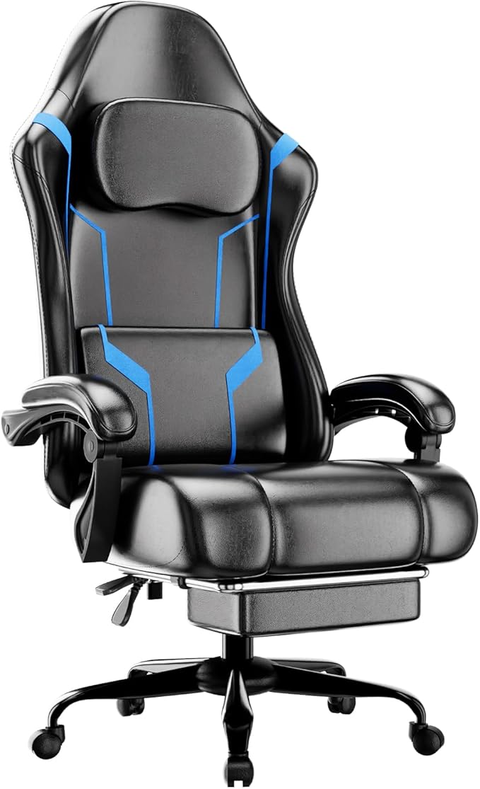 Ergonomic Gaming Chair Video Game Chair with Pocket Spring Cushion and Footrest Height Adjustable Computer Chair with Swivel Seat and Headrest (Blue)
