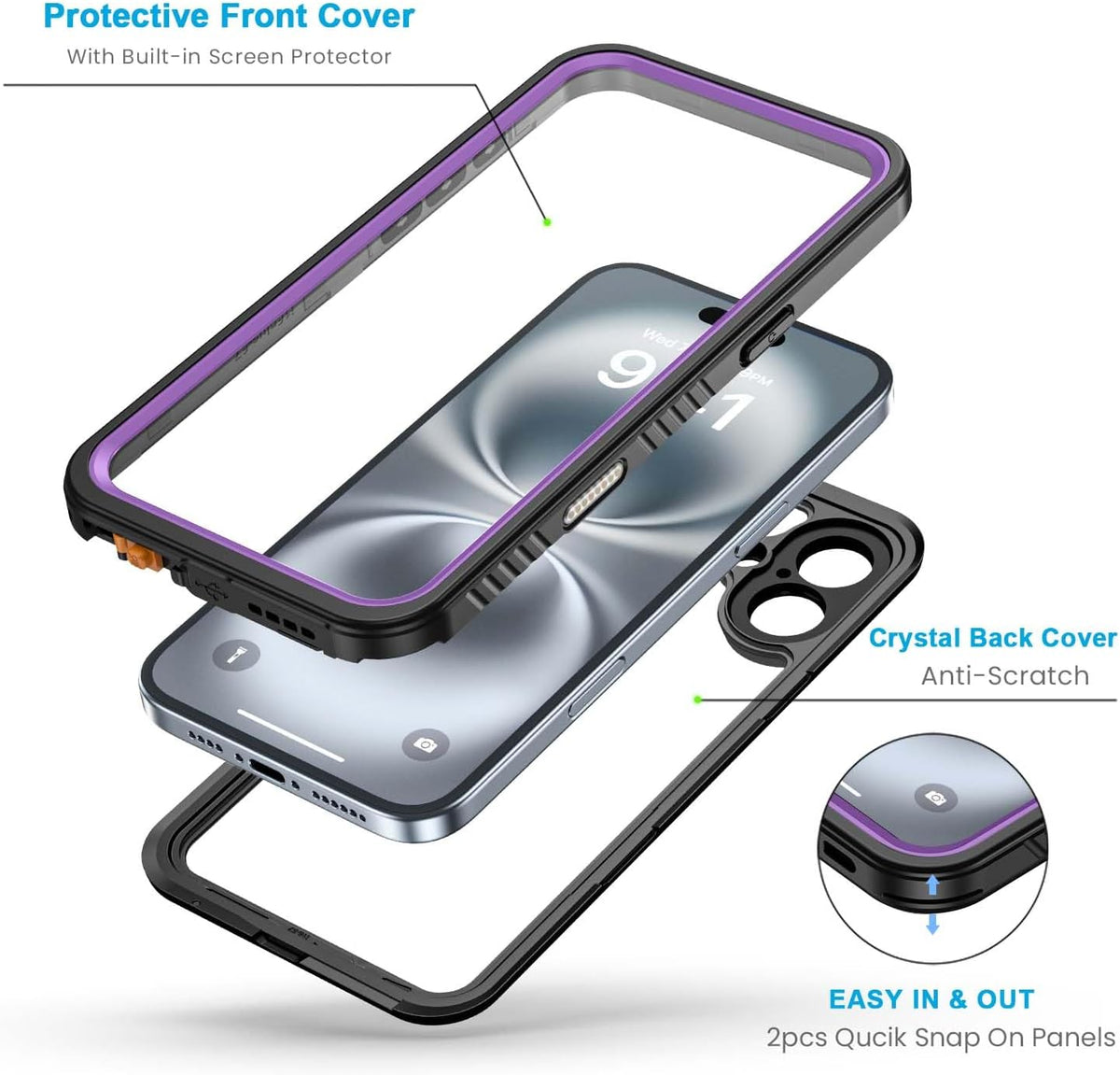 Lanhiem for iPhone 16 Plus Case, IP68 Waterproof Dustproof Shockproof Cases with Built-in Screen Protector, 360 Full Body Heavy Duty Rugged Phone Cover for iPhone 16 Plus - 6.7 inch (Purple)