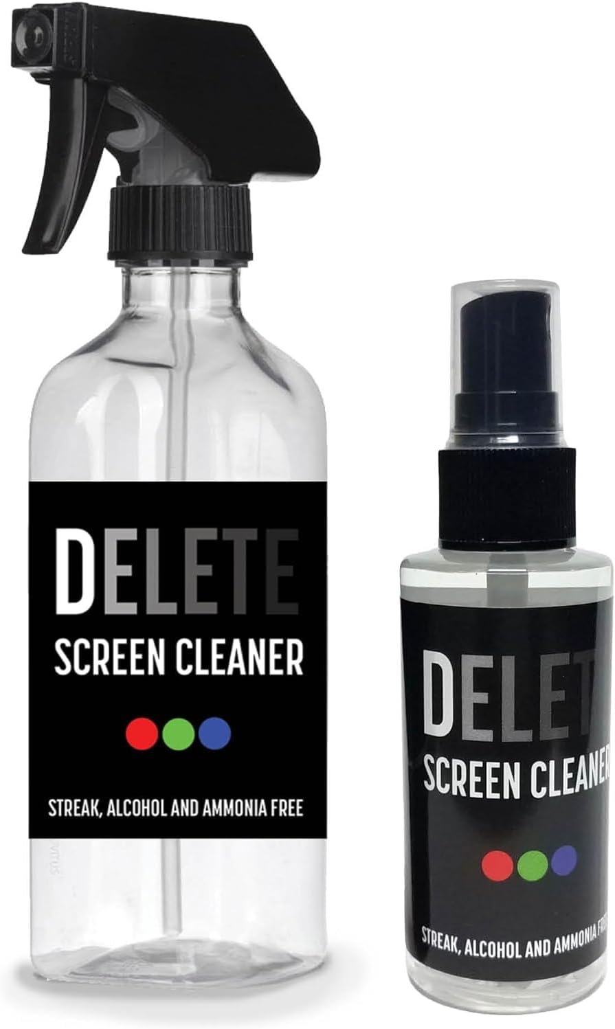 Delete Screen Cleaner Spray Kit, 2 Pack, 16oz and 2oz Bottle and 12"x12" Microfiber Cleaning Cloth, Streak-Free, Safe and Gentle Formula, Multi-Purpose for TVs, Computers, Monitors, Smart Phones