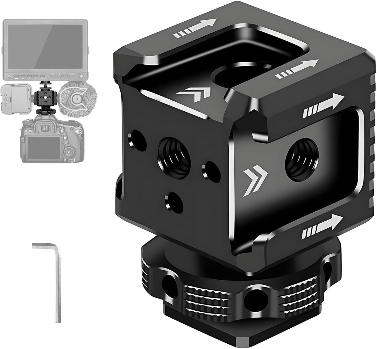 3 1/4"-20 Port Cold Shoe Mount Adapter with Thread for Camera Cage Flash LED Monitor Microphone, Aluminum Camera Triple