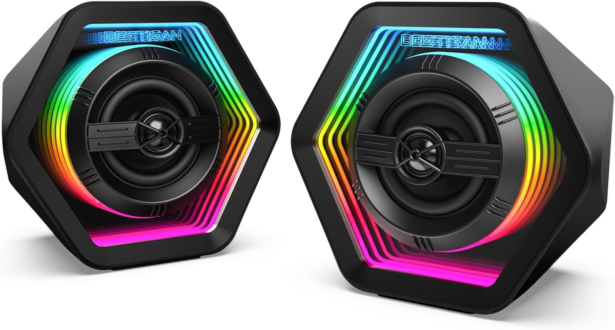 BESTISAN Computer Gaming Speakers with 8 RGB Modes, Compact Design, DC Powered Desktop Speaker with 3 EQ Modes, 50W Active Speakers with Bluetooth 5.3, AUX in, Headphone, Type-C Port for PC/Laptop/TV
