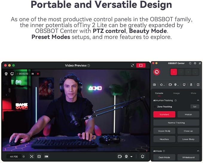 OBSBOT Tiny 2 Lite PTZ 4K Webcam 1080P@60fps HDR PC Camera with AI Tracking Micros with AI Noise Cancellation Tripod Gesture Control Auto Focus Plug &amp Play Ideal for Gaming or Streaming