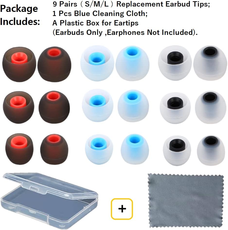 Earbuds Replacement Tips Silicone Earbud Tips Ear Gels Fit for Inner Hole from 3.8mm - 5.1mm Earphones 9 Pairs S/M/L