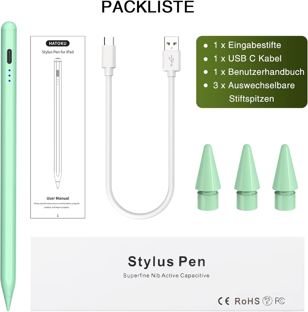 Pen for iPad 2018-2025, HATOKU 15 Mins Fast Charging Pencil 1st Gen with Tilt & Palm Rejection Compatible with iPad Air 3/4/5/M2/M3, iPad mini 5/6, iPad 6/7/8/9/10/11, iPad Pro 11"/12.9"/M4 (Green)