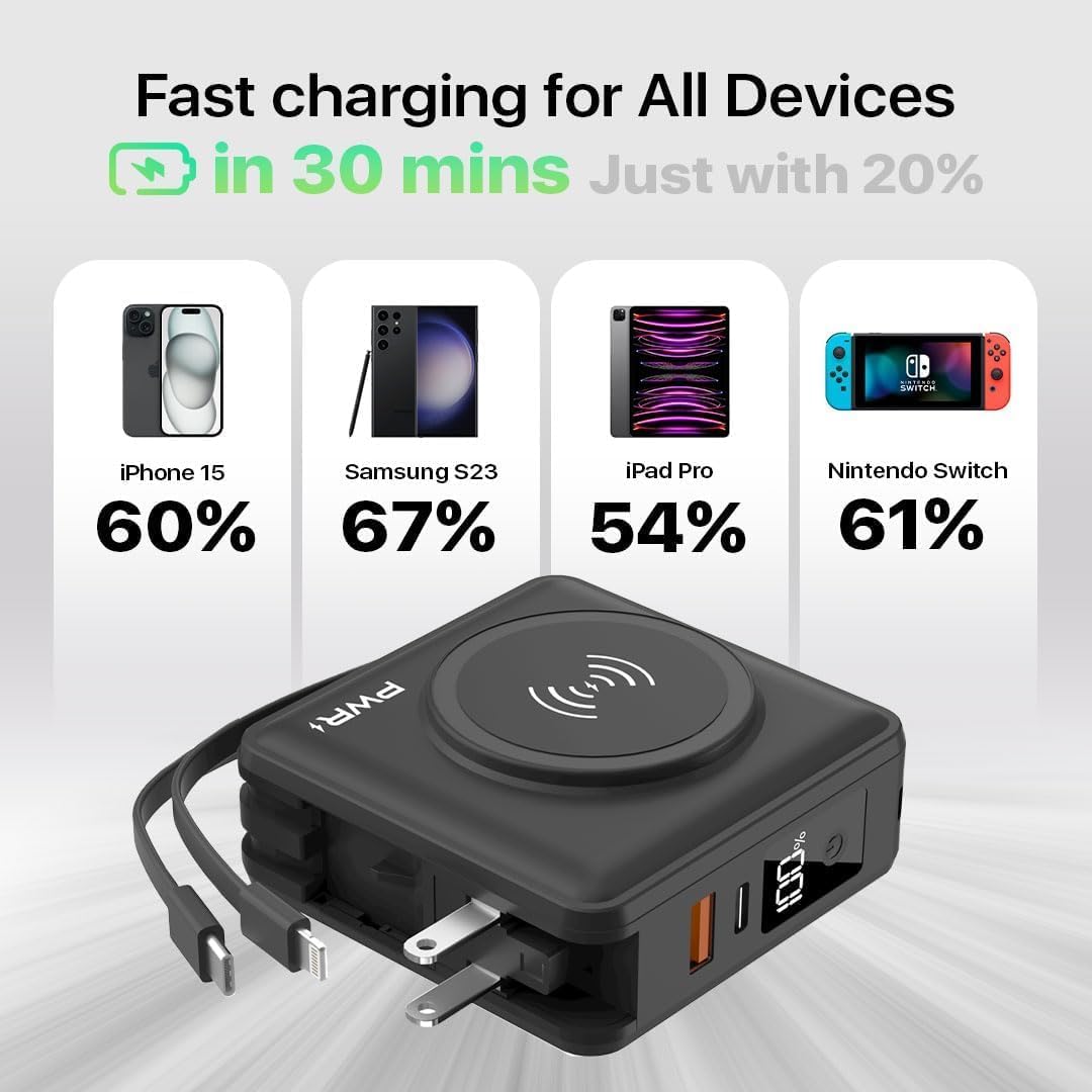 PWR Travel PRO 5-in-1 Power Bank – 10,000mAh with Built-in Cables – 20W USB-C + 15W Wireless Charging – Compact Portable Charger for iPhone & Android- Black