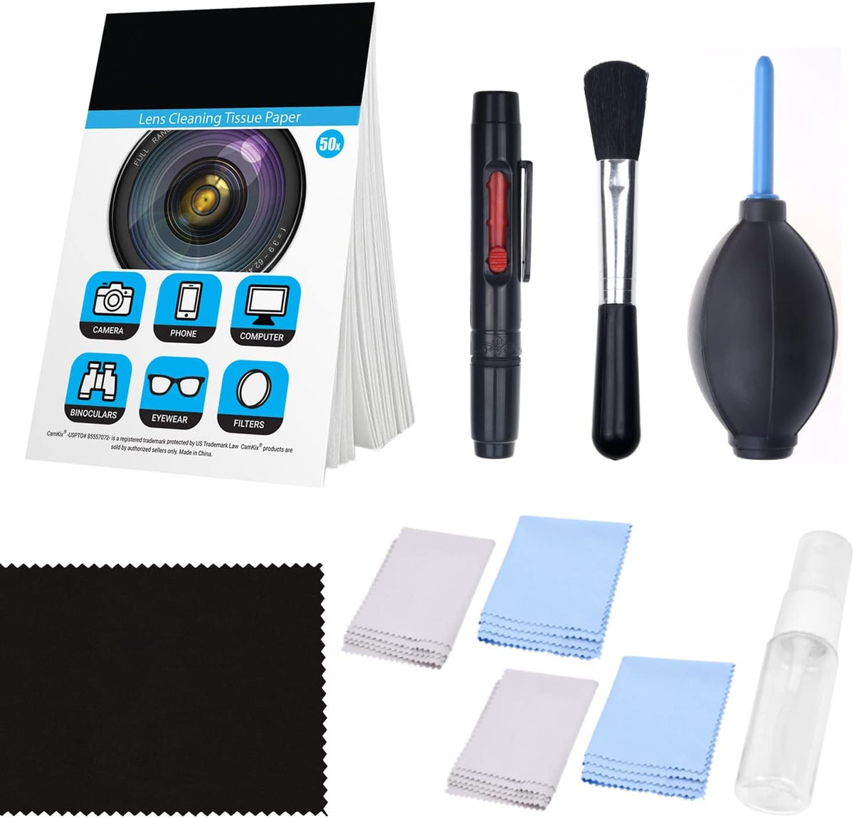 Camkix Camera Lens Cleaning Kit - Air Blower, 2in1 Lens Cleaning Pen, Cleaning Brush, Spray Bottle w/Cleaning Solution, Lens Cleaning Paper Tissue (Without Fluid)