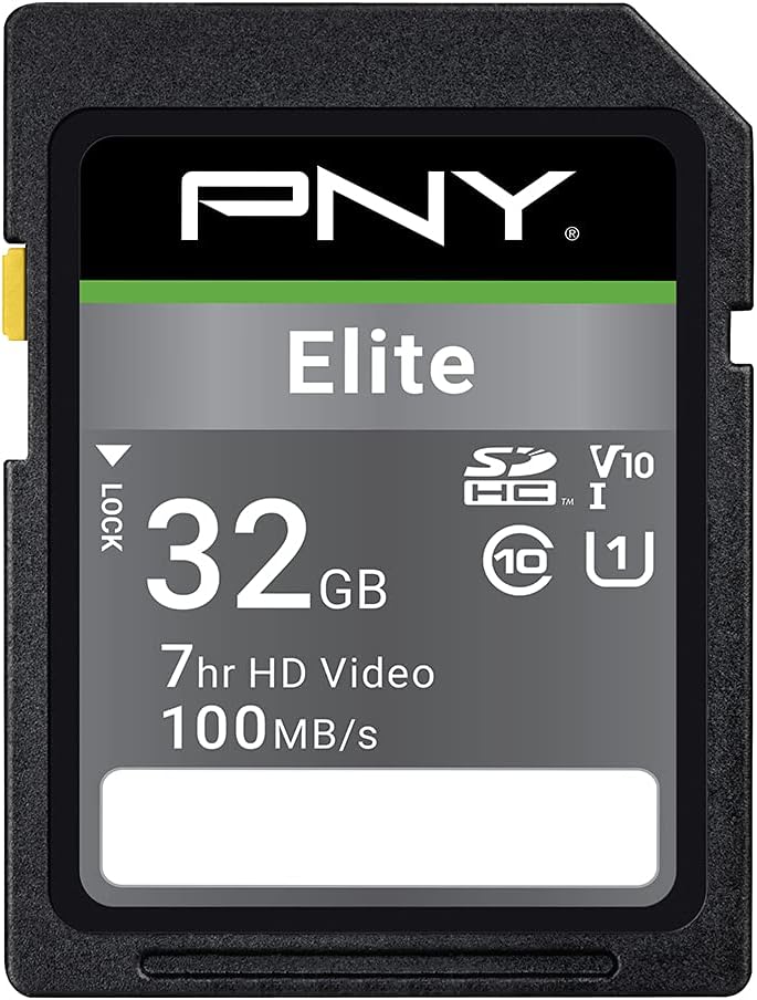 PNY 32GB Elite Class 10 U1 V10 SDHC Flash Memory Card - 100MB/s, Class 10, U1, V10, Full HD, UHS-I, Full Size SD (Pack of 1)