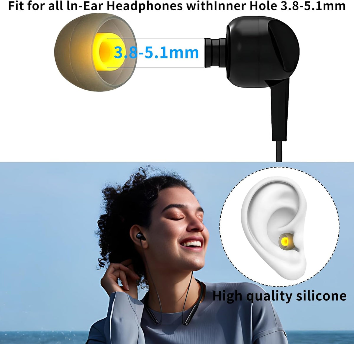 Replacement Earbud Tips Soft Anti Slip Washable and Reusable Silicone Fit Most In-Ear Earbuds (Inner Hole 3.8mm-5.1mm) 18pcs S M L
